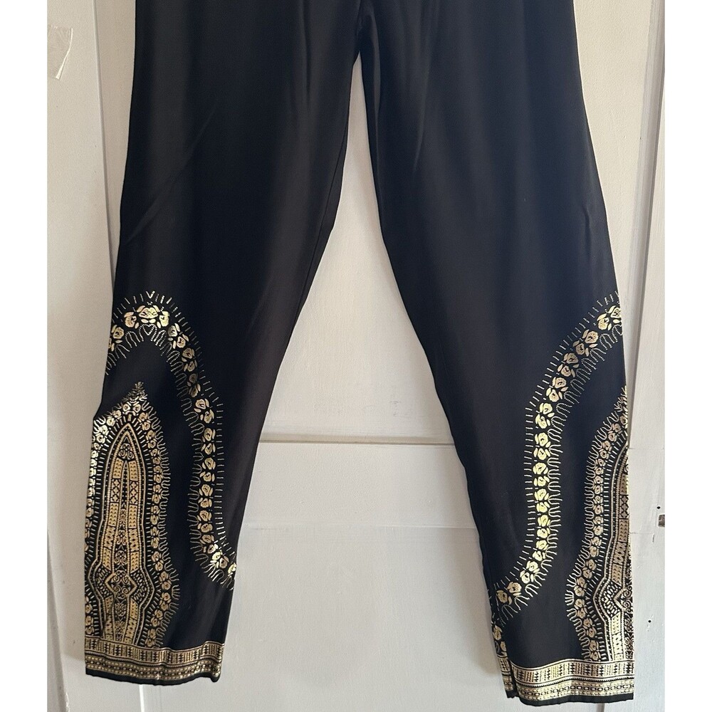 ASHRO Black Wide Leg Gold Embellished Elastic Waist Pants Size S 100% Rayon - Picture 2 of 5